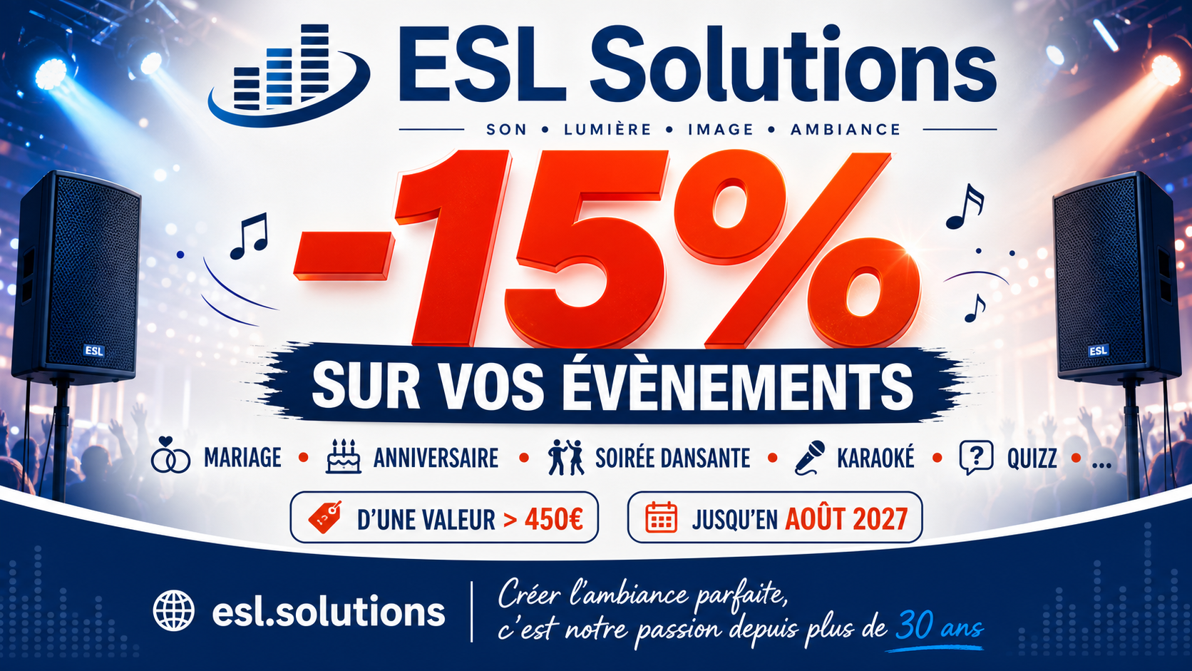 15% de réduction sur tout événement supérieur à 450€